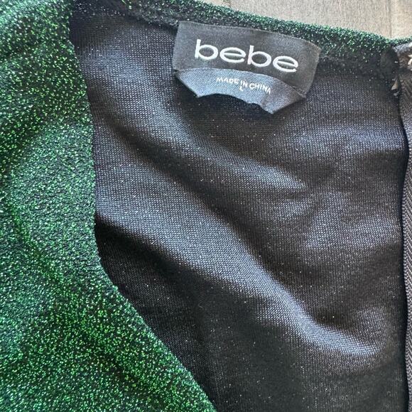 bebe Emerald Green Metallic Knit Long Sleeve V-Neck Jumpsuit | Size L - Picture 6 of 7